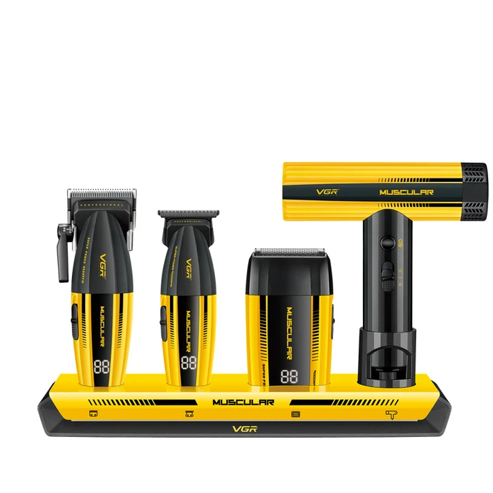 Kit Cortadora de Cabello Profesional VGR: cortadora, trimmer, rasuradora, secadora, base de carga, peines guía y maletín