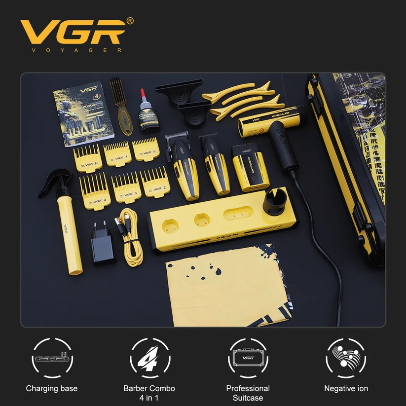 Kit Cortadora de Cabello Profesional VGR: cortadora, trimmer, rasuradora, secadora, base de carga, peines guía y maletín